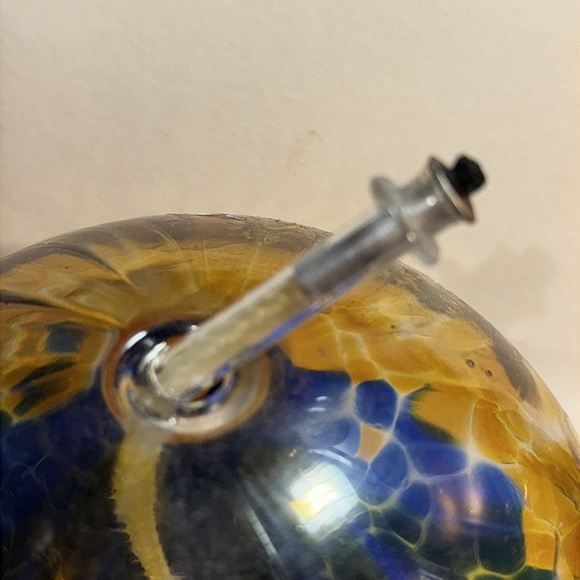 Hand Blown Art Glass Oil Lamp With Wick - Round - Blue/0range/Yellow - signed - Picture 5 of 6